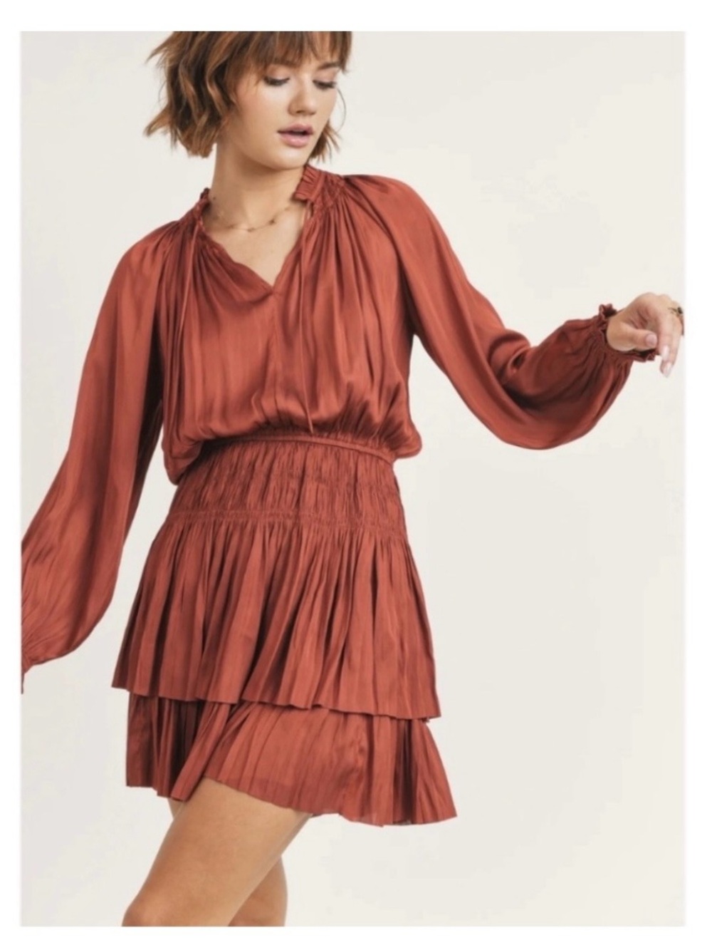 Reset by Jane Lana Rust Tiered Long-Sleeve Smocked Waist Dress